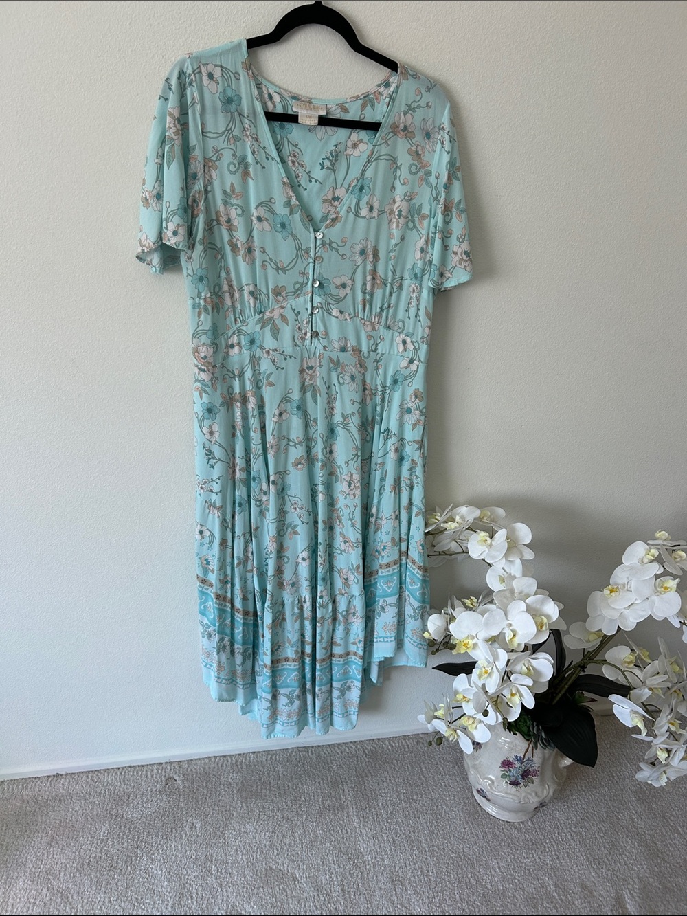 Aqua Floral Button-Front Midi Dress